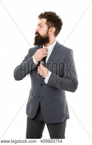 Bearded Man Confident Posture Isolated White. Hipster With Beard Formal Suit Office Worker. Business