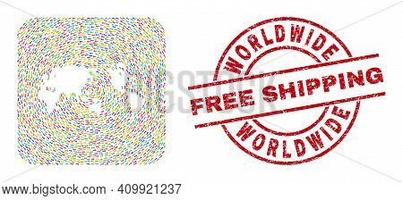 Vector Mosaic Worldwide Map Of Moving Arrows And Rubber Free Shipping Seal Stamp. Collage Geographic