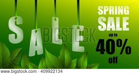 Spring Sale Background With Beautiful Leaves. Translucent Glass Or Plastic Letters On Green Silk Rib