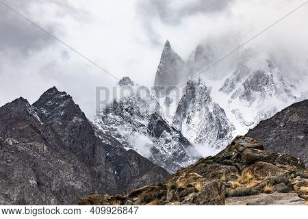 Karakoram Mountain Range Ultar Peak Ladys Finger View . High Quality Photo