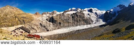 Glacier Panorama Picture. Morteratsch Glacier With A View Of The Bianco Ridge From The Piz Bernina. 
