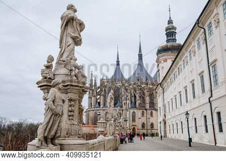 St. Barbara's Church, Unique Gothic Cathedral And Former Jesuit College, Gallery With Baroque Statue