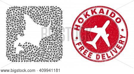 Vector Mosaic Hokkaido Map Of Jet Vehicle Items And Grunge Free Delivery Stamp. Mosaic Geographic Ho