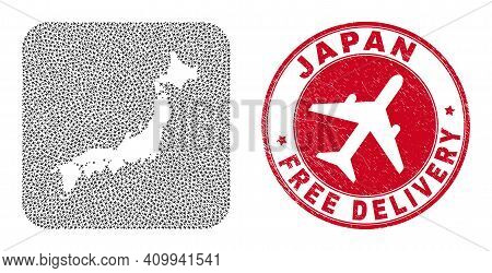 Vector Mosaic Japan Map Of Airplane Items And Grunge Free Delivery Badge. Mosaic Geographic Japan Ma