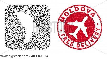 Vector Collage Moldova Map Of Air Plane Elements And Grunge Free Delivery Stamp. Collage Geographic 