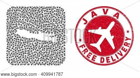 Vector Collage Java Island Map Of Air Plane Items And Grunge Free Delivery Seal Stamp. Collage Geogr