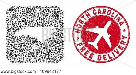 Vector Mosaic North Carolina State Map Of Aircraft Items And Grunge Free Delivery Badge.