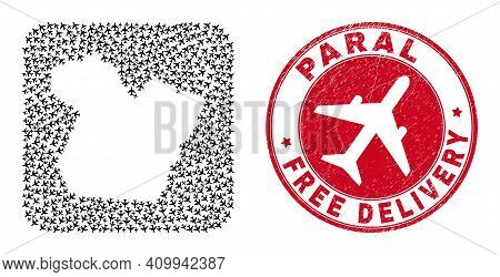 Vector Collage Paral State Map Of Air Plane Items And Grunge Free Delivery Stamp. Collage Geographic