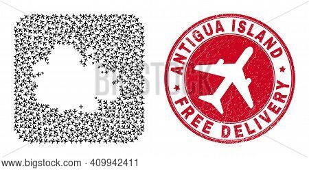 Vector Collage Antigua Island Map Of Aviation Elements And Grunge Free Delivery Seal Stamp. Collage 