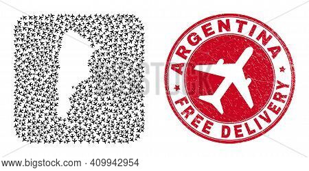 Vector Collage Argentina Map Of Aeroplane Items And Grunge Free Delivery Badge. Collage Geographic A