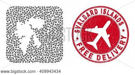 Vector Collage Svalbard Islands Map Of Aircraft Elements And Grunge Free Delivery Seal Stamp.