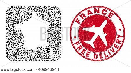 Vector Collage France Map Of Aviation Items And Grunge Free Delivery Badge. Collage Geographic Franc