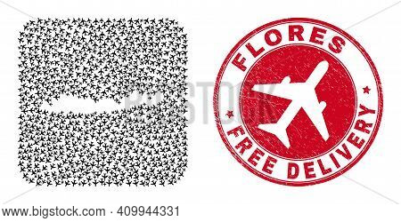Vector Collage Flores Islands Of Indonesia Map Of Aircraft Items And Grunge Free Delivery Badge.