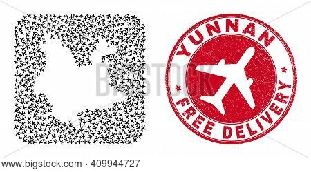 Vector Collage Yunnan Province Map Of Airplane Items And Grunge Free Delivery Stamp. Collage Geograp