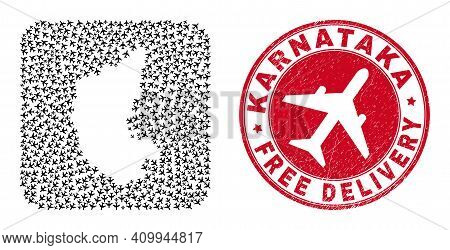 Vector Collage Karnataka State Map Of Air Plane Items And Grunge Free Delivery Stamp. Collage Geogra