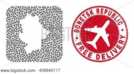 Vector Collage Donetsk Republic Map Of Air Force Elements And Grunge Free Delivery Seal.