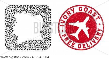 Vector Collage Ivory Coast Map Of Air Plane Elements And Grunge Free Delivery Badge. Collage Geograp