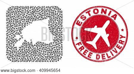 Vector Mosaic Estonia Map Of Aircraft Items And Grunge Free Delivery Stamp. Mosaic Geographic Estoni
