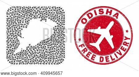 Vector Mosaic Odisha State Map Of Airplane Items And Grunge Free Delivery Badge. Mosaic Geographic O