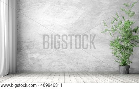Empty Room Interior Background, Gray Stucco Wall And White Wooden Floor, Pot With Plant 3d Rendering