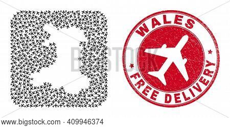 Vector Collage Wales Map Of Jet Vehicle Elements And Grunge Free Delivery Seal. Collage Geographic W