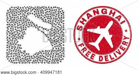 Vector Collage Shanghai City Map Of Air Force Items And Grunge Free Delivery Badge.