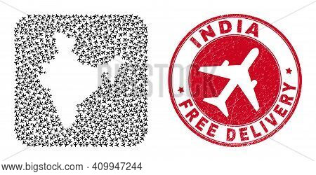 Vector Collage India Map Of Air Force Elements And Grunge Free Delivery Stamp. Collage Geographic In