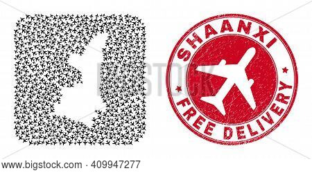 Vector Collage Shaanxi Province Map Of Airplane Elements And Grunge Free Delivery Seal Stamp.