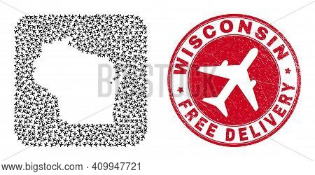 Vector Collage Wisconsin State Map Of Aeroplane Items And Grunge Free Delivery Stamp.