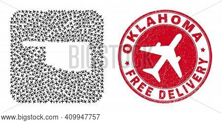 Vector Collage Oklahoma State Map Of Aircraft Items And Grunge Free Delivery Badge.