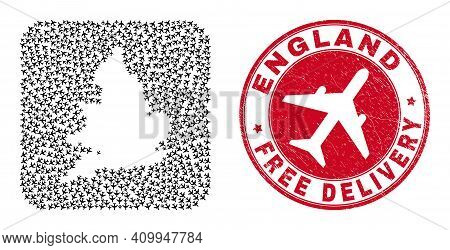 Vector Collage England Map Of Air Force Items And Grunge Free Delivery Seal. Collage Geographic Engl