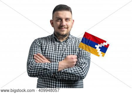 White Guy Holding A Flag Of Nagorno-karabakh Republic Smiling Confident With Crossed Arms Isolated O