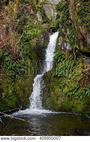 Waterfall In The Forest At Pedder Bay, British Columbia, Canada