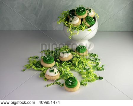 St Patrick's Day Holiday Frosted Sugar Cookies With Green And White Frosting And Sprinkles With Four