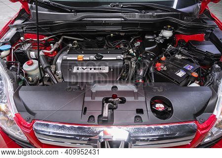 Novosibirsk, Russia - February 22 2021:  Honda Cr-v, Car Engine Close-up. Internal Combustion Engine