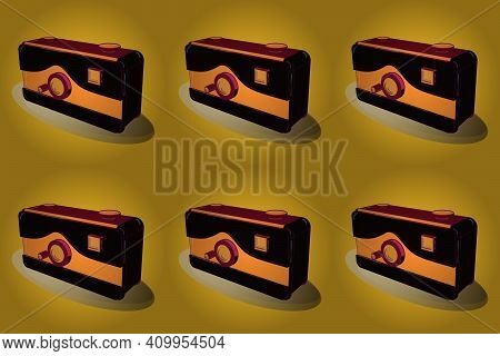 Retro Camera In A 3d Style On A Colored Background. Old Camera. Raster. Axonometry.