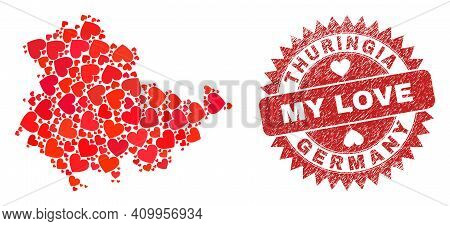 Vector Collage Thuringia Land Map Of Valentine Heart Items And Grunge My Love Seal Stamp. Collage Ge