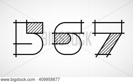 Architech Font. Numbers 567. Graphic Black And White Alphabet. Linear Drawing Alphabet For Banners, 