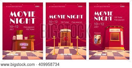 Movie Night Posters. Cinema Festival, Night Event In Movie Theater. Vector Flyers With Cartoon Illus