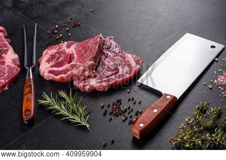 Fresh Raw Beef Meat To Make Delicious Juicy Steak With Spices And Herbs