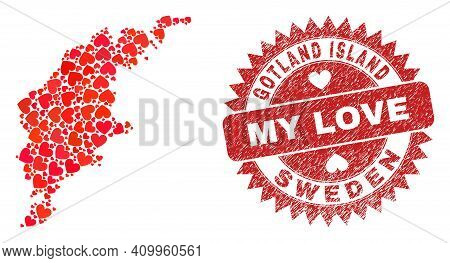 Vector Mosaic Gotland Island Map Of Lovely Heart Items And Grunge My Love Badge. Mosaic Geographic G
