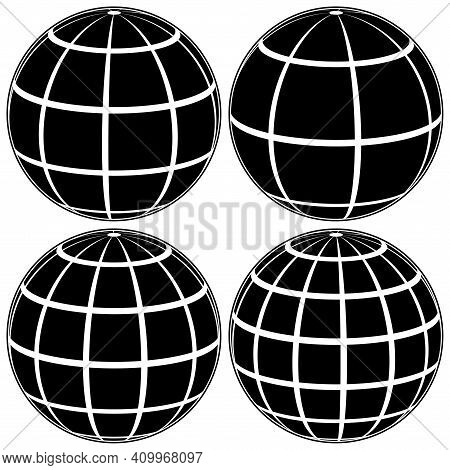 Set Black Globe 3d Model Of The Earth Or Of The Planet, Model Of The Celestial Sphere With Coordinat