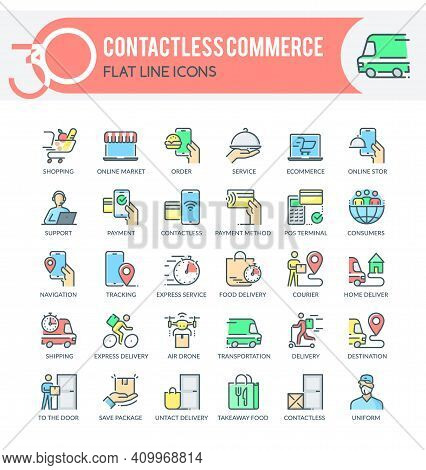 Set Of Filled Outline Icons On Following Topics Contactless Society, Untact Economy, E-commerce, Del