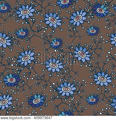 Seamless Abstract Pattern Of Exotic Flowers And Leaves. Drawn Black Line With White Dot Pattern On B