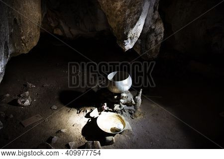 Holy Water In Tham Muang On Cave Formerly Named Tham Doi Sila At Limestone Mountain Situated Of Mae