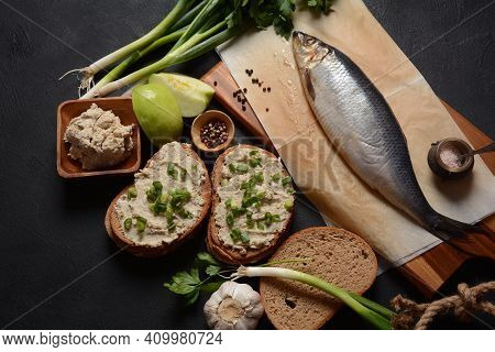 Traditional Jewish Snack Vorschmack Or Forshmak With Bread And Green Onion, Made Of Herring Fillet A