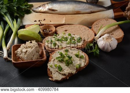 Traditional Jewish Snack Vorschmack Or Forshmak With Bread And Green Onion, Made Of Herring Fillet A