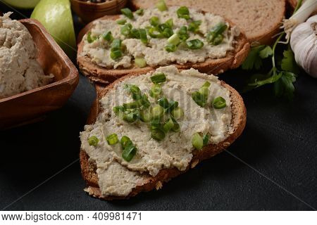 Traditional Jewish Snack Vorschmack Or Forshmak With Bread And Green Onion, Made Of Herring Fillet A