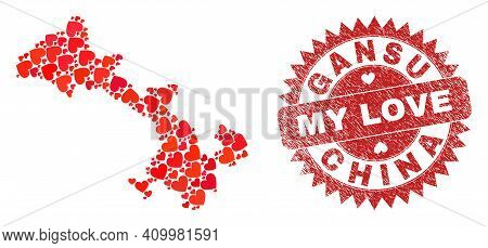 Vector Mosaic Gansu Province Map Of Lovely Heart Items And Grunge My Love Stamp. Mosaic Geographic G