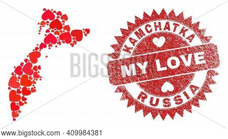 Vector Mosaic Kamchatka Map Of Lovely Heart Items And Grunge My Love Badge. Mosaic Geographic Kamcha